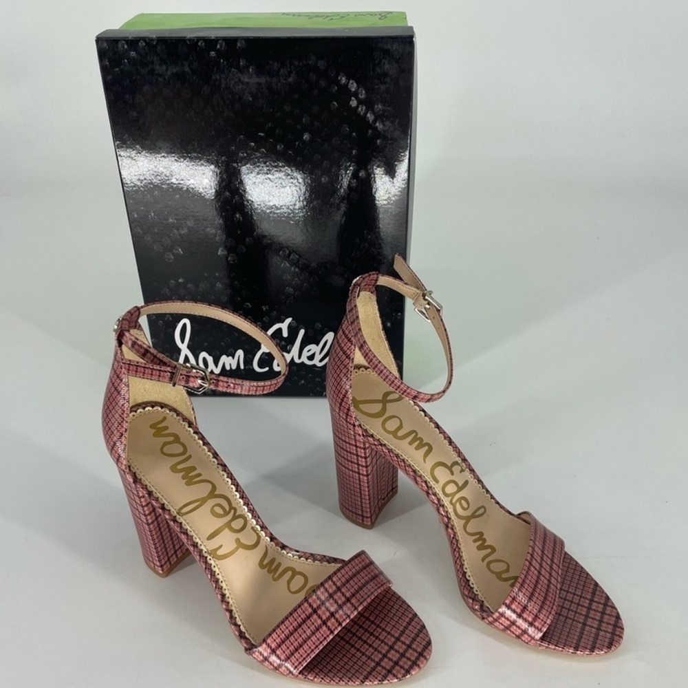 SAM EDELMAN NEW YARO ANKLE STRAP SANDALS HEELS CAMEO PINK PLAID 7 - Picture 3 of 9